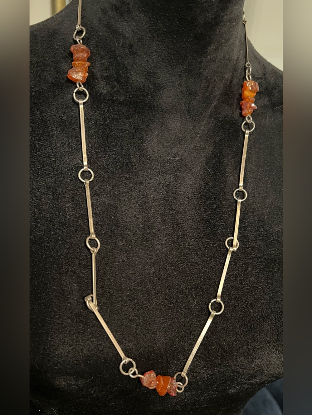 Silver toned Long Necklace with orange Carnelian Chips